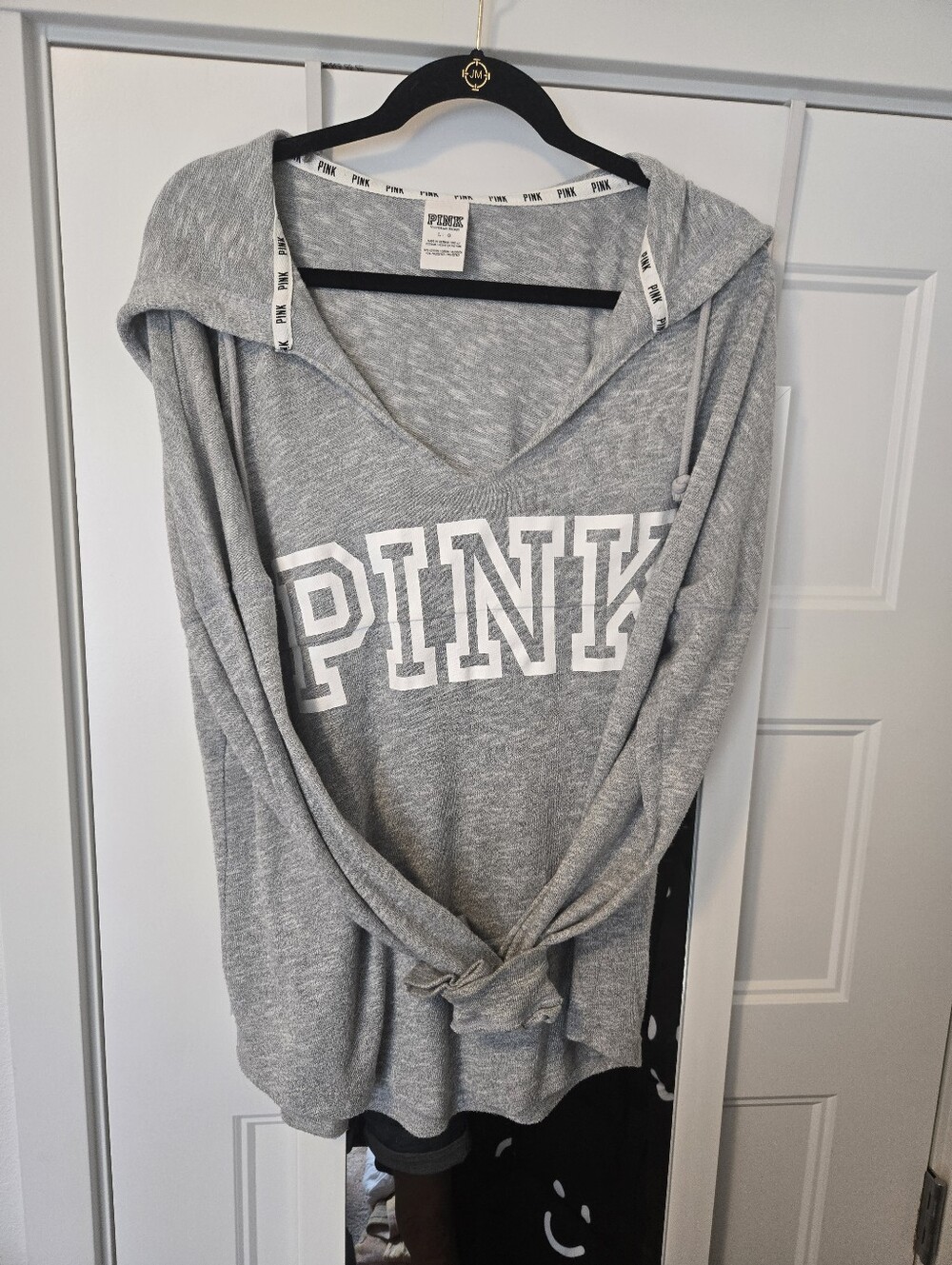 PINK Victoria's Secret Gray V‑Neck Hooded Pullover with White Logo. Size L